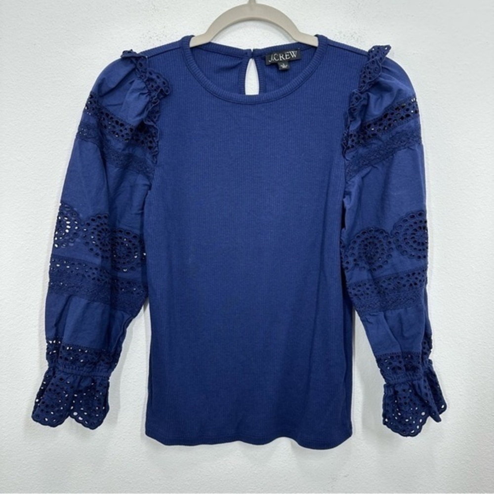 J. Crew Navy Blue Shirt Ruffle Trim Eyelet Puff Sleeve Ribbed Feminine Delicate